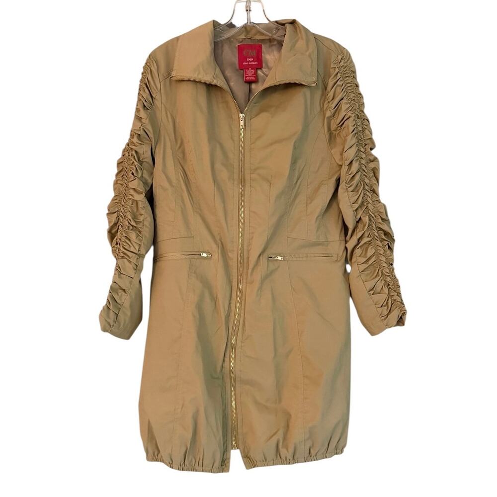 CM 1969 Ciao Milano Tan Khaki Ruched Sleeve Zip Front Raincoat Jacket M